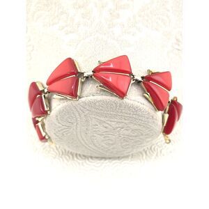 Vintage Coro Red Thermoset Plastic Triangle Link Bracelet Gold Tone 7" Marked
